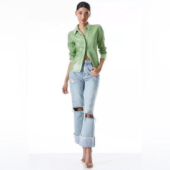Alice + Olivia Willa Sequin Green Shirt Button Up Dress Shirt Size S - Picture 4 of 11